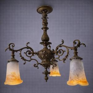 Antique Art Nouveau Chandelier In Gilt Bronze With Glass Paste Shades, Signed Muller