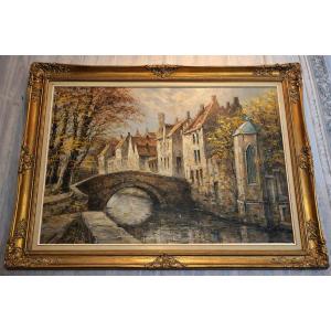 Antique Painting – Oil On Canvas – View Of A District Of Bruges – 20th Century