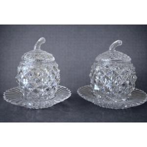 Pair Of Cut Crystal Pineapple-shaped Covered Pots With Display Stands – H 19 Cm 