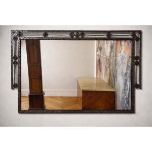 Large Art Deco Period Mirror In Hammered Iron – Geometric Decoration With Rosettes 