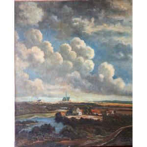 Oil On Canvas – Lively Dutch Landscape In The Style Of Ruisdael – 20th Century