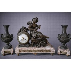 Antique Clock Case In Patinated Spelter And Marble – Musical Allegorical Subject 