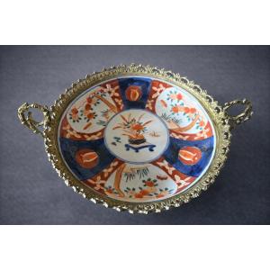 Large Polychrome Porcelain Platter Mounted In Bronze – Floral And Fruit Decoration 