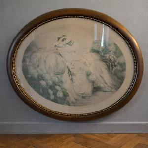 Louis Icart: Art Nouveau Print/engraving – Woman With Hydrangeas 
