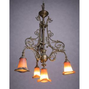 Noverdy Art Nouveau Chandelier – Bronze And Glass Tulips –