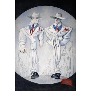 Huge Oil On Canvas – Art Deco Scene – Two Elegant Men In Hats – Second Half Of The 20th Century