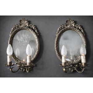 Pair Of Antique Wall Sconces With Mirrors – Louis XVI Style – 20th Century 