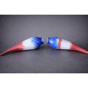 Pair Of Large, Fan-shaped Vases In Blown Glass – Tricolour Decoration – L 56 Cm 