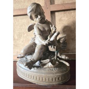 Large Antique Spelter Sculpture – Putto With A Dove – Signed Pigalle