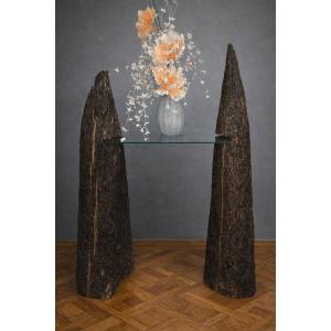 Rare Console Design In Carved Wood And Glass Top – H 125 X W 100 X D 28 Cm  