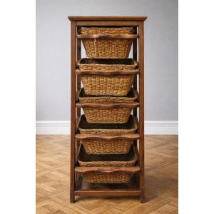 Rustic Solid Wood Storage Unit With Wicker Baskets / Vintage 20th Century 