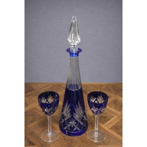 Cobalt Blue Double-layered Crystal Service, Consisting Of A Carafe And Two Matching Glasses