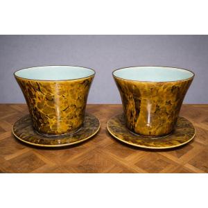 Pair Of Cachepots And Matching Saucer – Brown/ochre Marbled Decoration – 20th Century