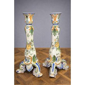 Pair Of Large Polychrome Earthenware Candlesticks – Floral Decoration – H 34 Cm 