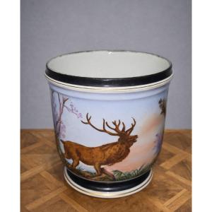 Antique Decorative Planter/pot – Deer Motif – Paris Porcelain – H 16 Cm