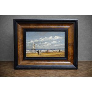 Oil On Panel – Mj Jouana – Lively Seascape, 20th Century, Animated Beach Scene 