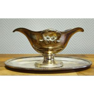 Antique Silver-plated Gravy Boat With Its Tray – Louis XVI Ribbon Decoration – Hallmarked 30 