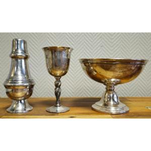 Set Of 3 Silver-plated Metal Pieces – Cup, Vase & Tumbler – Valero For Falstaff –