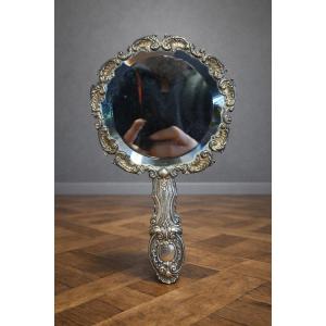 Antique Silver-plated Hand Mirror – Louis XV Rococo Style – Shell And Scroll Decoration 
