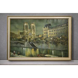 Large Oil Painting On Canvas – View Of Notre-dame De Paris – Signed Kaiser (richard) – 67 X 100 Cm 