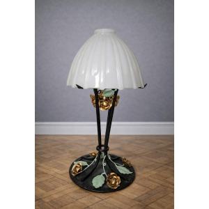 Art Deco Table Lamp – Wrought Iron And White Opaline Glass – H 58 Cm