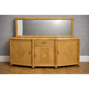 Large Bamboo And Rattan Sideboard With Mirror – Vintage Style / 1970s