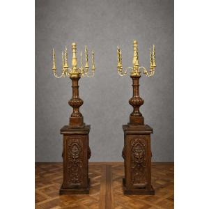 Pair Of Very Large Torchères – Terracotta And Giltwood – Renaissance Decoration – H. 178 Cm (b)