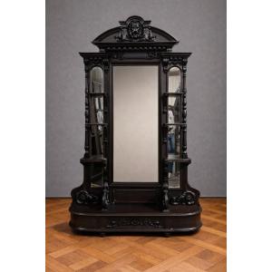 Large Antique Cheval Mirror In Carved Blackened Wood – Renaissance Style / 19th Century  