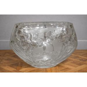 Large Molded Glass Bowl/planter With Dragonfly Decoration – Art Nouveau Style 