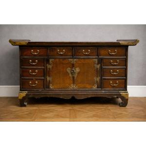Asian-inspired Decorative Cabinet/low Sideboard – Solid Wood And Gilt Brass Fittings 
