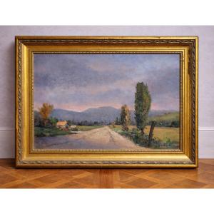 Antique Painting – Oil On Cardboard – Rural Landscape Signed M. Langeron – Gilt Frame – 20th Century