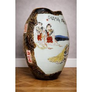 Large Asian Vase Decorated With Figures And Calligraphy – Glazed Ceramic – Relief Decoration 
