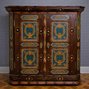 Polychrome Painted Alsatian Wardrobe – Louis XIV Style – Floral Decoration – 19th Century – Folk Art 