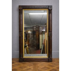 Large Antique Mirror With Carved Pediment – Wood And Gilding – Renaissance Style / 19th Century 