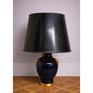 Large Vintage Table Lamp – Black And Gold Ceramic – Lion Head Decoration 
