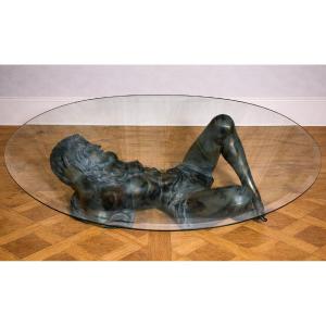 Designer Coffee Table With Patinated Bronze Sculpture Of A Woman – Glass Top – Vintage/art Deco Style 