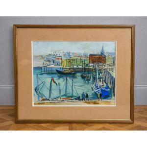 Watercolor/mixed Media – Lively Port – Signed R. Favier – Framed