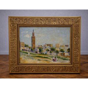 Orientalist Painting, Signed – Oil On Panel – Carved Frame With Pseudo-kufic Decoration – 20th Century