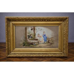 Angèle Blanc 1890: Charming Old Painting (gouache) Depicting A Gallant Scene