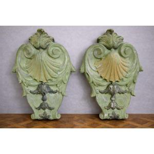Pair Of Antique Architectural Elements In Polychrome Faience – Shell Decoration – 19th Century