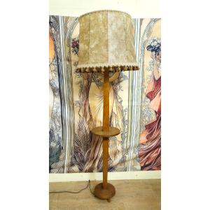 Light Oak Floor Lamp With Shelf And Tassel Shade – 1940s – Art Deco