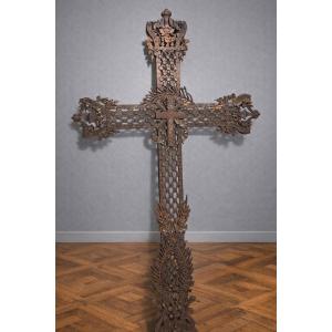 Huge Antique Cast Iron Cross, Richly Openwork And Decorated With Floral And Religious Motifs