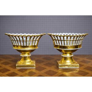 Paris Porcelain / Pair Of Altar Cups / Decorative Vases In Openwork White Porcelain