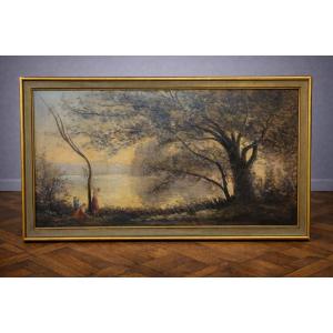 Antique Oil Painting On Panel – Lively Landscape By A Lake – Early 20th Century – Gilt Frame