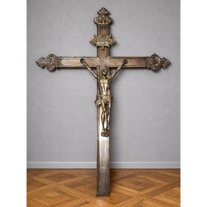 Antique Silvered Bronze Wall Crucifix, Depicting Christ In Relief On A Large Cross 