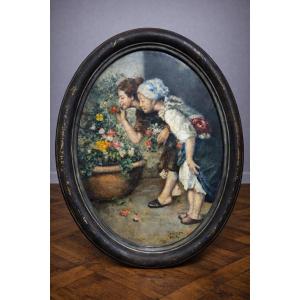 Antique Painting Signed Forlenza / Naples – Oil On Cardboard – Genre Scene – Antique Oval Frame