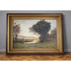 Huge Oil On Canvas Depicting A Lively Country Landscape With A River