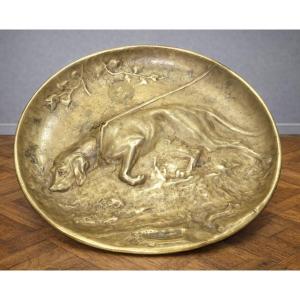 Gilded Bronze Bowl With Hunting Dog In Relief