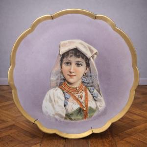 Large Limoges France Porcelain Dish With Painted Portrait Of A Young Italian Woman