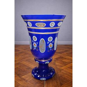 Large Blue Enamelled Glass Chalice (20th Century Bohemian Glass)